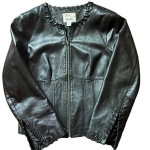 Vakko Sport Vintage Black Leather Jacket Whipstitch Trim Zip Front women's 12 P
